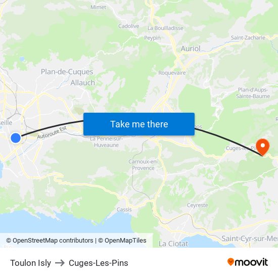 Toulon Isly to Cuges-Les-Pins map