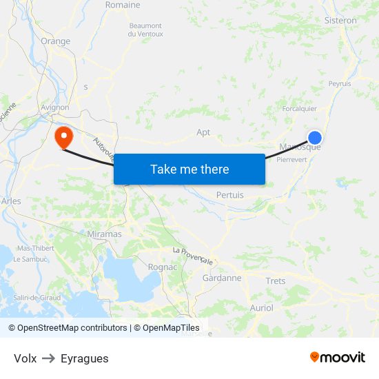 Volx to Eyragues map
