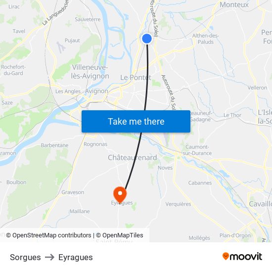 Sorgues to Eyragues map