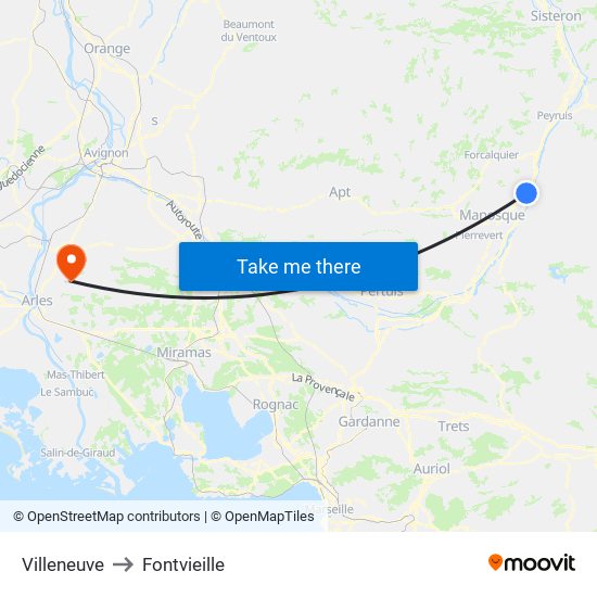 Villeneuve to Fontvieille map