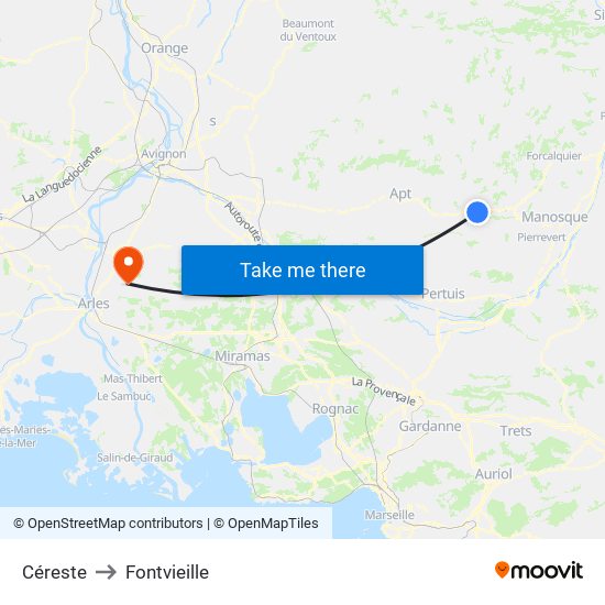 Céreste to Fontvieille map