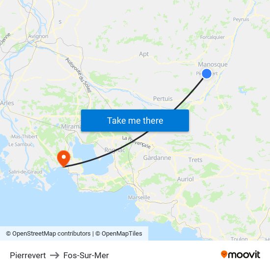 Pierrevert to Fos-Sur-Mer map