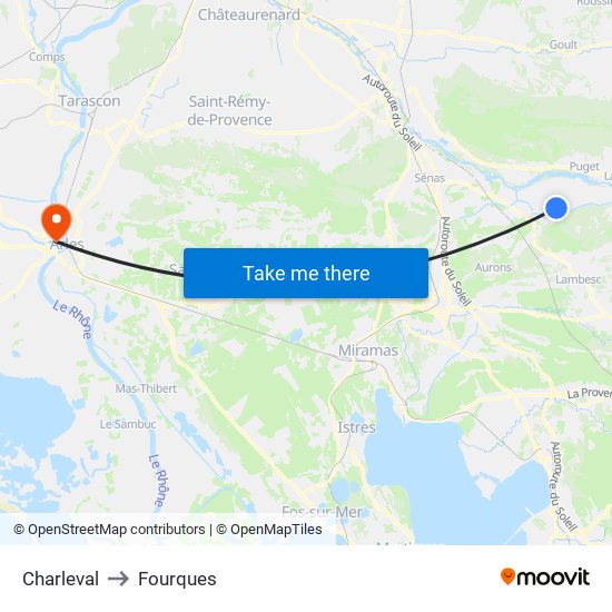 Charleval to Fourques map