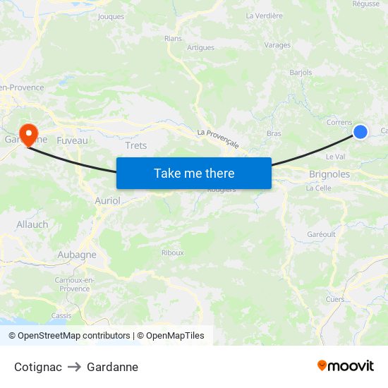 Cotignac to Gardanne map