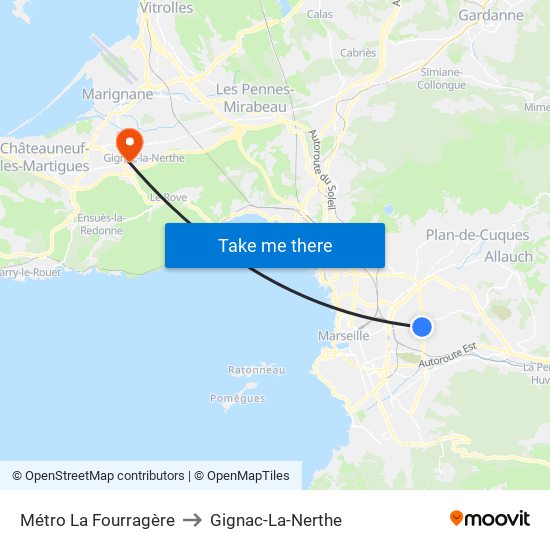 Métro La Fourragère to Gignac-La-Nerthe map