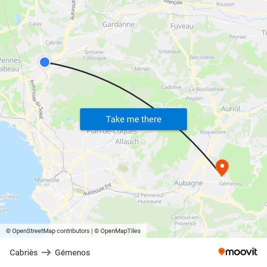 Cabriès to Gémenos map