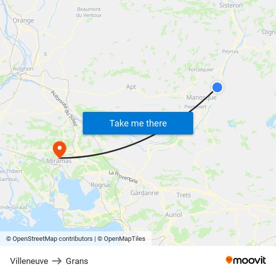 Villeneuve to Grans map