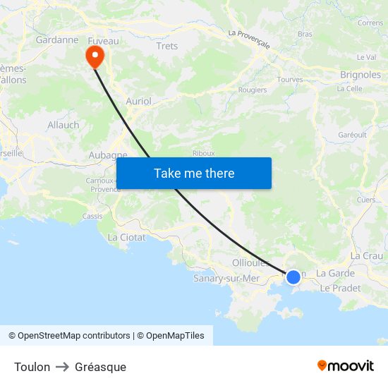 Toulon to Gréasque map