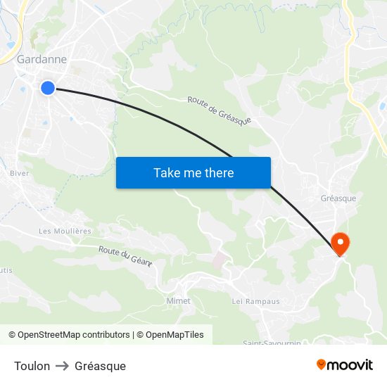 Toulon to Gréasque map