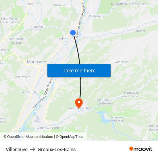 Villeneuve to Gréoux-Les-Bains map
