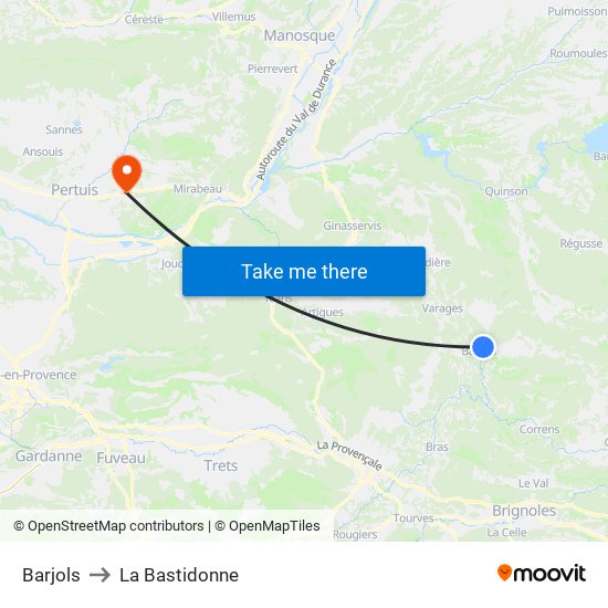 Barjols to La Bastidonne map