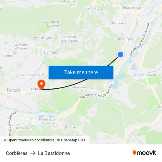 Corbières to La Bastidonne map