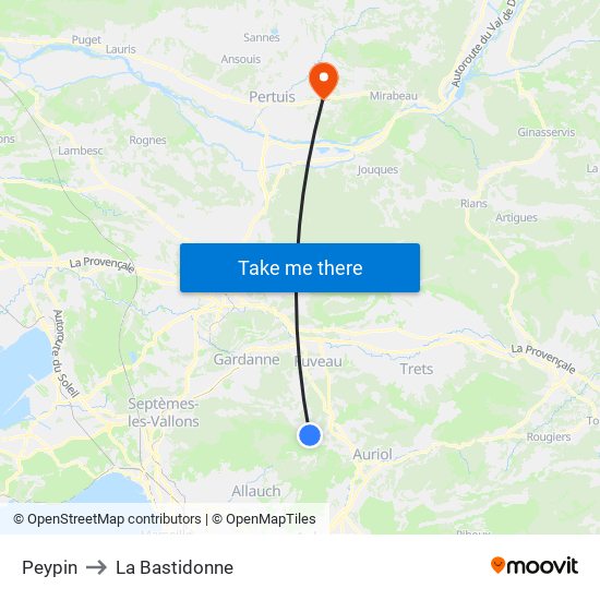 Peypin to La Bastidonne map