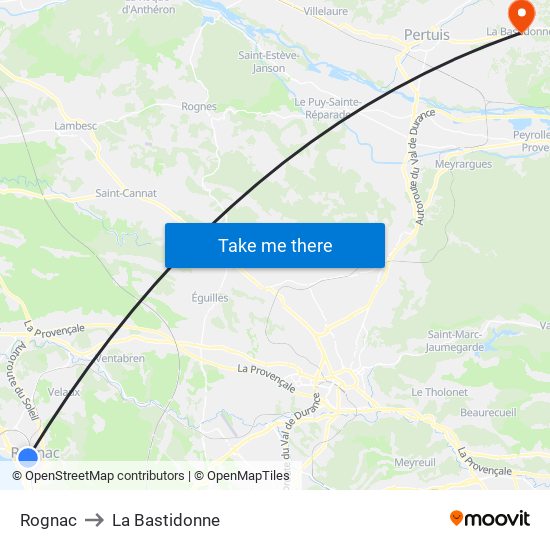 Rognac to La Bastidonne map
