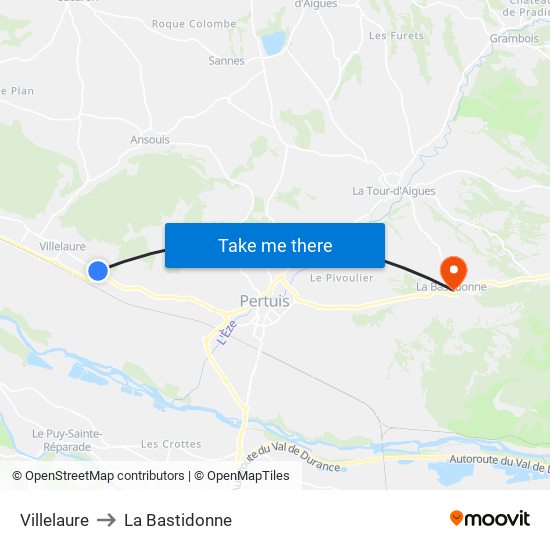 Villelaure to La Bastidonne map