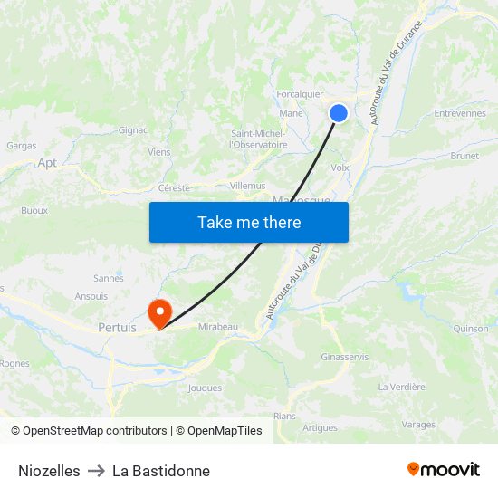 Niozelles to La Bastidonne map