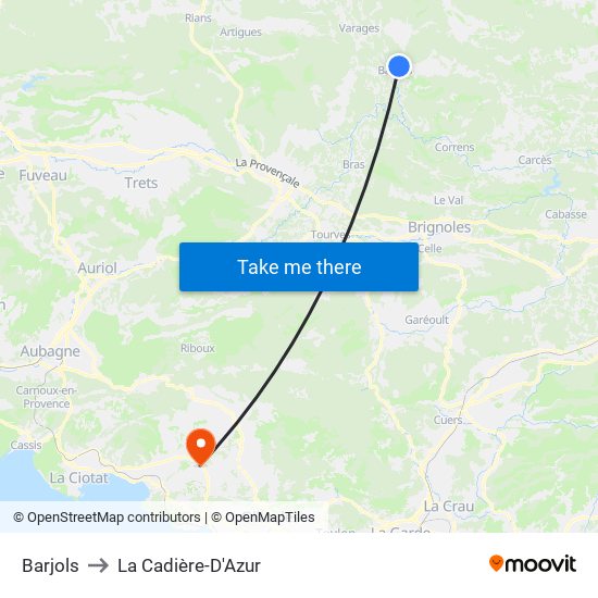 Barjols to La Cadière-D'Azur map