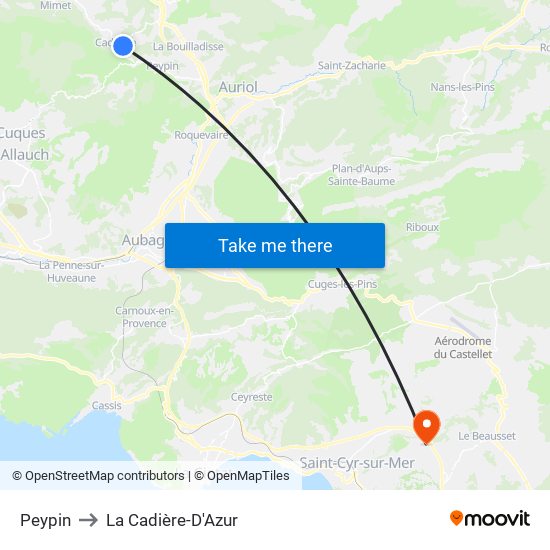 Peypin to La Cadière-D'Azur map