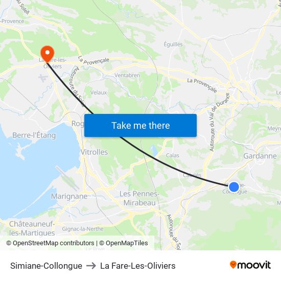 Simiane-Collongue to La Fare-Les-Oliviers map