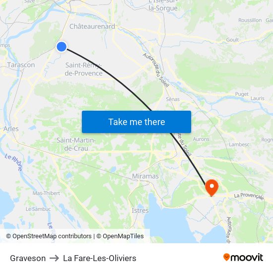 Graveson to La Fare-Les-Oliviers map