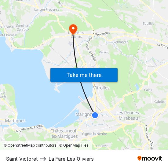 Saint-Victoret to La Fare-Les-Oliviers map