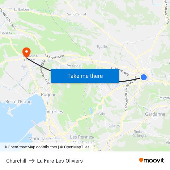 Churchill to La Fare-Les-Oliviers map