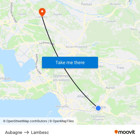 Aubagne to Lambesc map