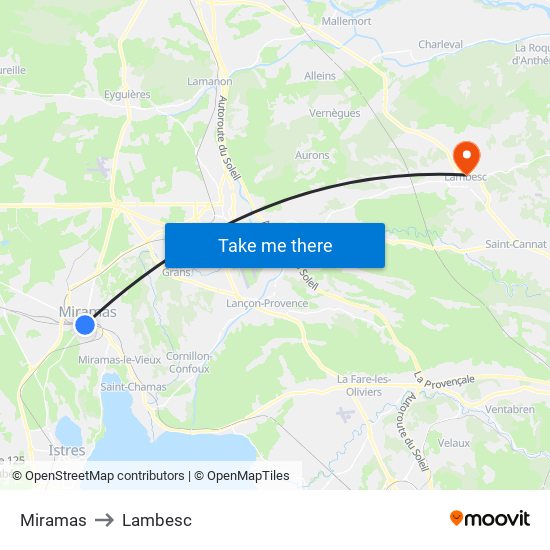 Miramas to Lambesc map