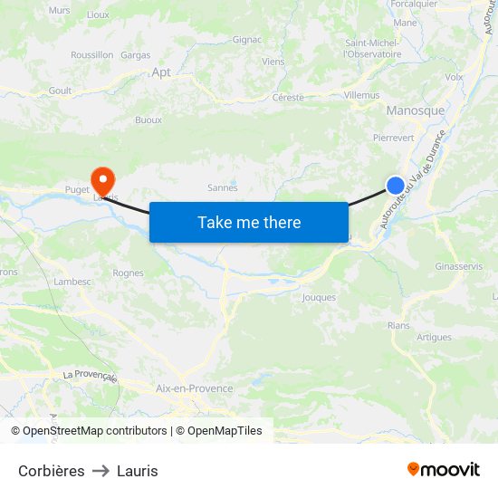 Corbières to Lauris map