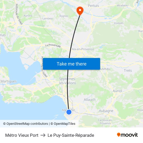 Métro Vieux Port to Le Puy-Sainte-Réparade map