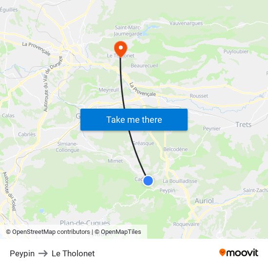 Peypin to Le Tholonet map