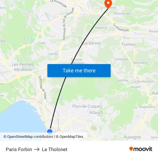 Paris Forbin to Le Tholonet map