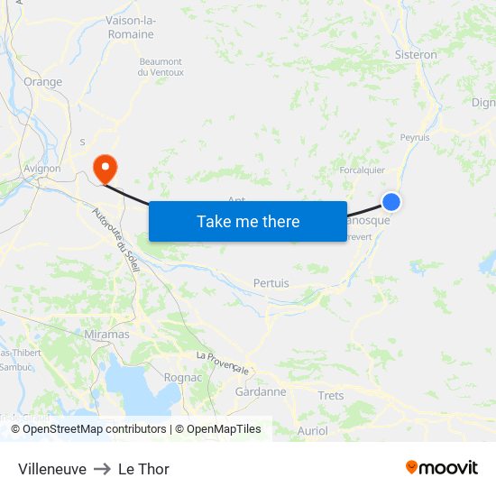 Villeneuve to Le Thor map