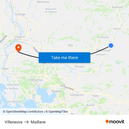 Villeneuve to Maillane map