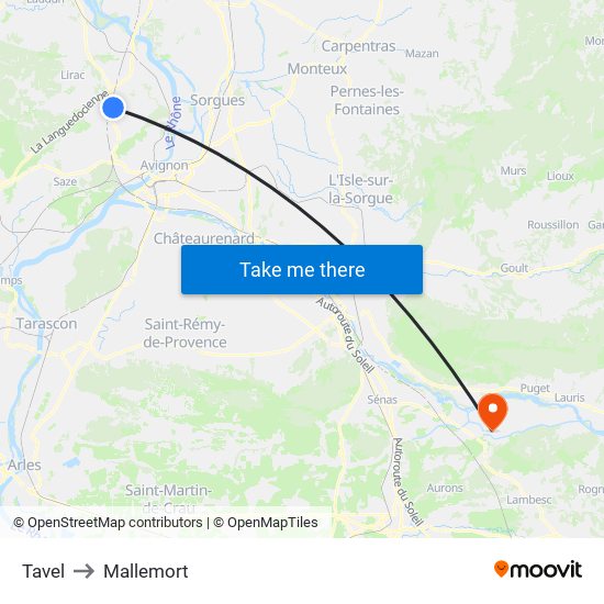 Tavel to Mallemort map