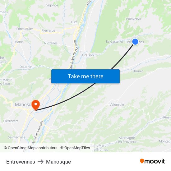 Entrevennes to Manosque map