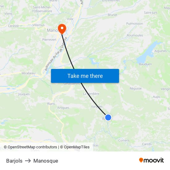 Barjols to Manosque map