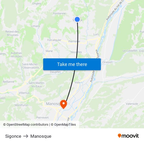 Sigonce to Manosque map