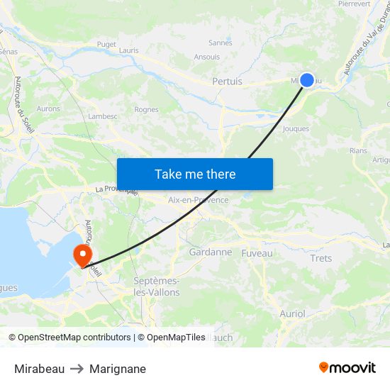 Mirabeau to Marignane map