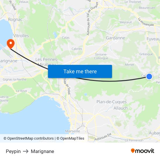 Peypin to Marignane map
