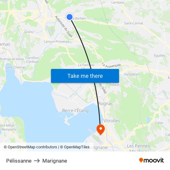 Pélissanne to Marignane map