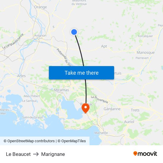 Le Beaucet to Marignane map