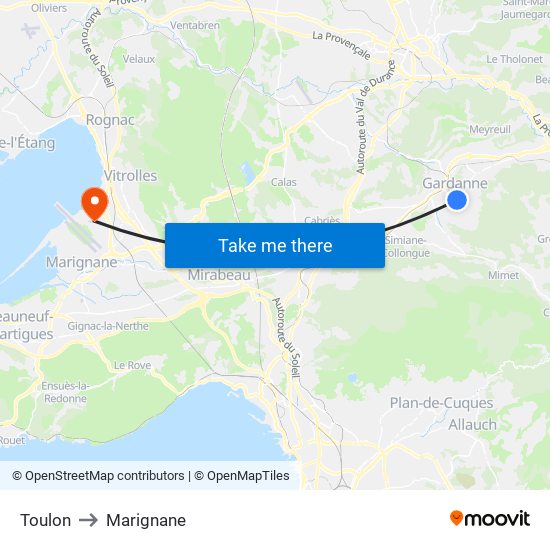Toulon to Marignane map