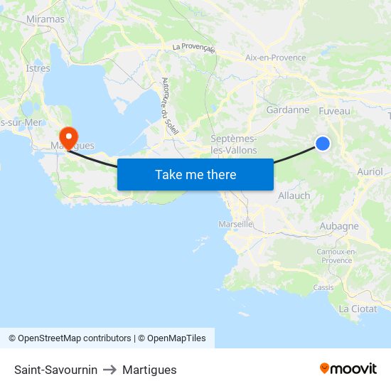 Saint-Savournin to Martigues map
