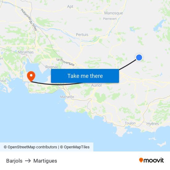 Barjols to Martigues map