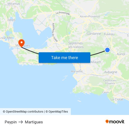 Peypin to Martigues map