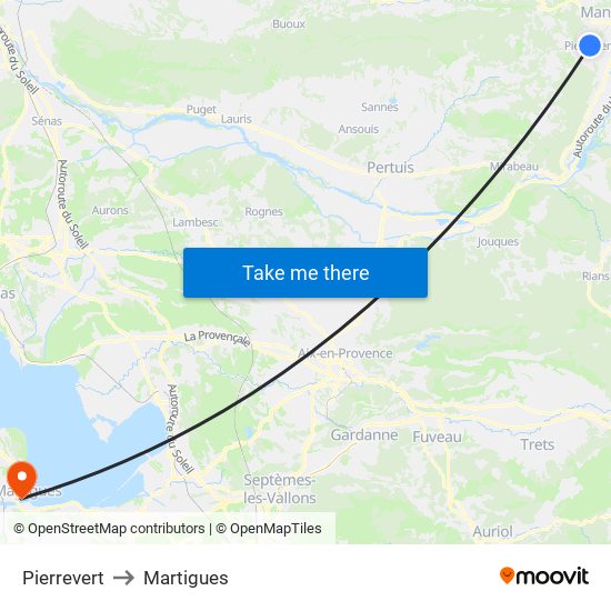 Pierrevert to Martigues map