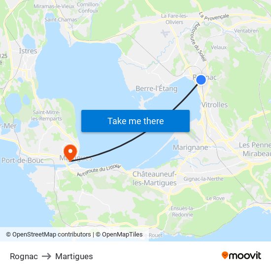 Rognac to Martigues map