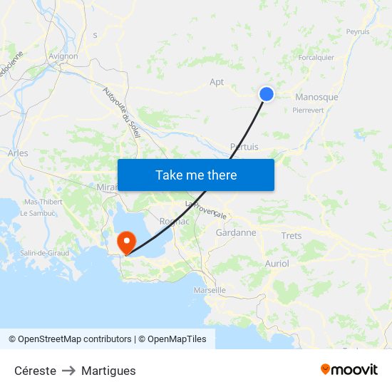 Céreste to Martigues map