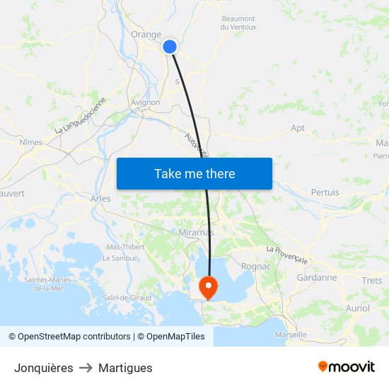 Jonquières to Martigues map